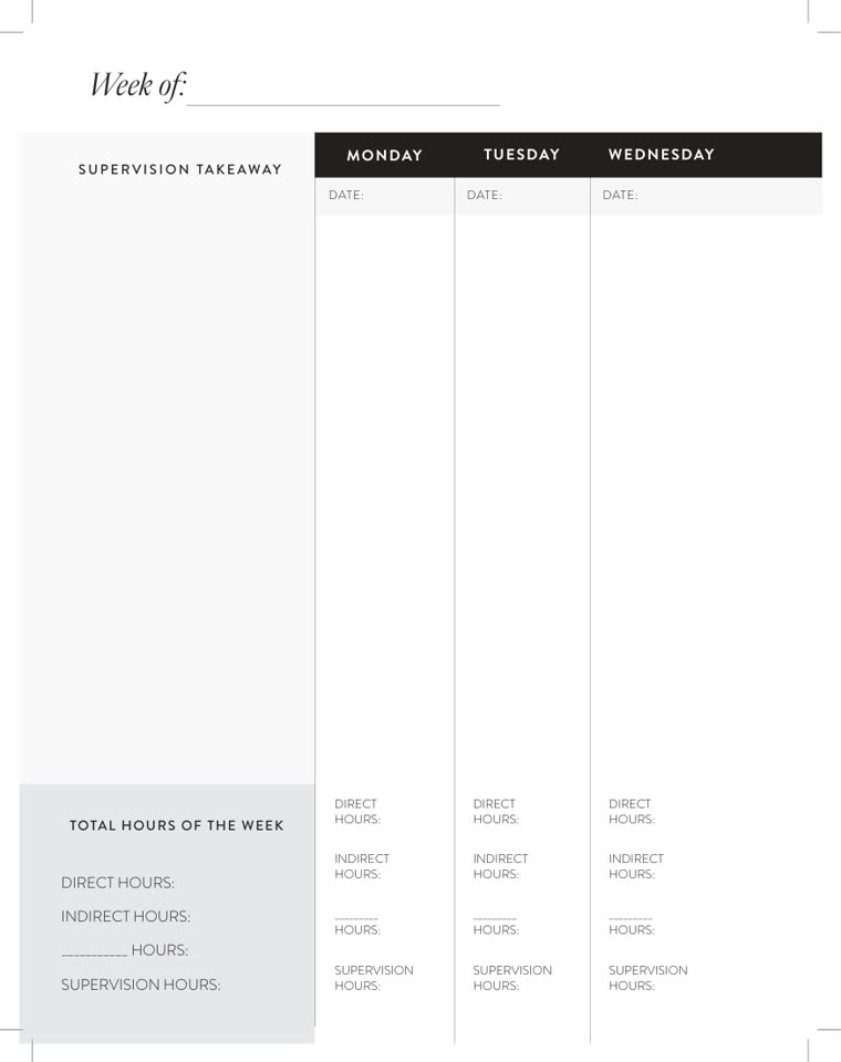 Weekly planner spread with a supervision takeaway section and direct, indirect and supervision hour tracking