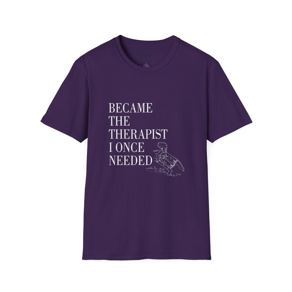 Became the Therapist I Once Needed, Little Me design, on a deep purple tee