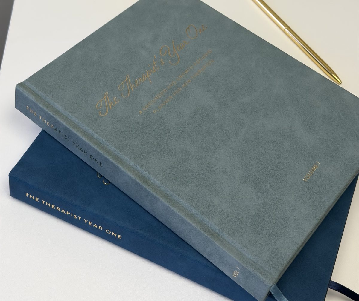 The Therapist's Year One and Year Two planners for associate-level therapists, stacked together