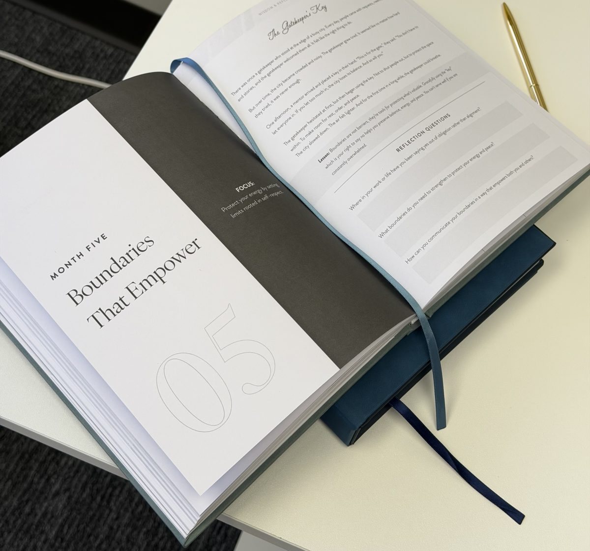 Monthly theme page, Boundaries That Empower, inside the therapist planner